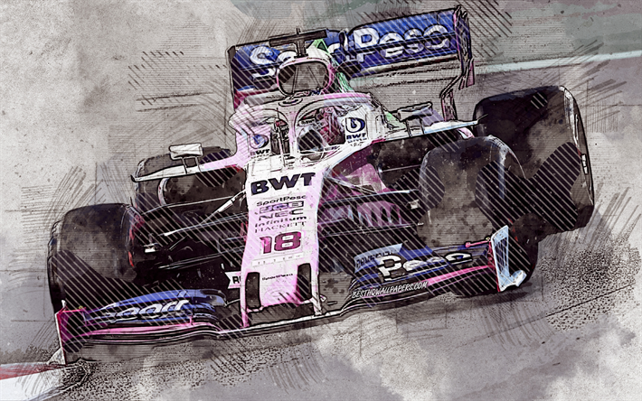 Lance Stroll, Racing Point Force India, Formula 1, Racing Point RP19, grunge art, creative art, F1, Canadian racing driver