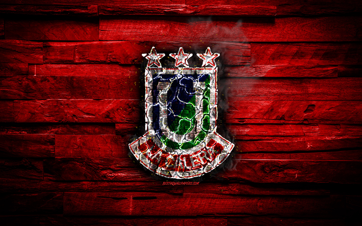 Uni&#243;n La Calera FC, la quema de logotipo, de Chile de la Primera Divisi&#243;n, de madera roja de fondo, el chileno club de f&#250;tbol, CD Uni&#243;n La Calera, el grunge, el f&#250;tbol, Uni&#243;n La Calera, el logotipo, La Calera, Chile