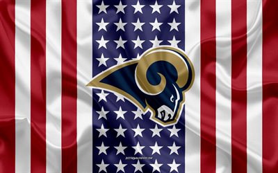 Los Angeles Rams, 4k, logo, tunnus, silkki tekstuuri, Amerikan lippu, American football club, NFL, Los Angeles, California, USA, National Football League, amerikkalainen jalkapallo, silkki lippu