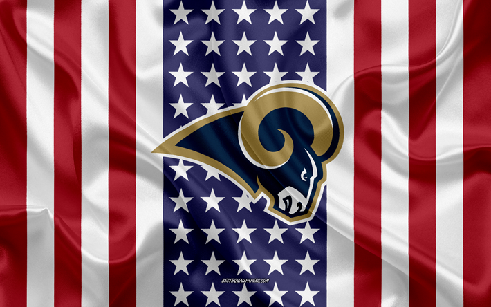 Los Angeles Rams, 4k, logotyp, emblem, siden konsistens, Amerikanska flaggan, Amerikansk football club, NFL, Los Angeles, Kalifornien, USA, National Football League, amerikansk fotboll, silk flag