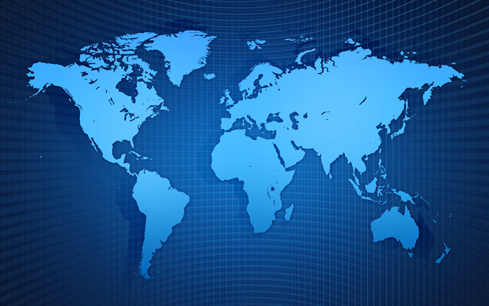 azul mapa del mundo, 4k, mapa mundial, concepto, arte, creativo, mapa del mundo sobre fondo azul, los mapas del mundo