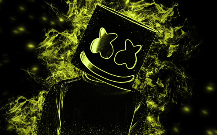 Marshmello, Amerikkalainen DJ, lime neon art, lime savua siluetti, creative art, musta tausta