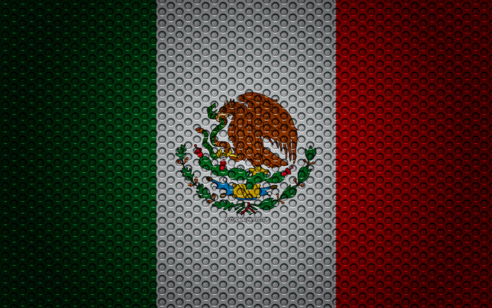 flagge von mexiko, 4k -, kunst -, metall textur, mexiko, fahne, national, symbol, metall flagge, nordamerika, flags of north america l&#228;ndern