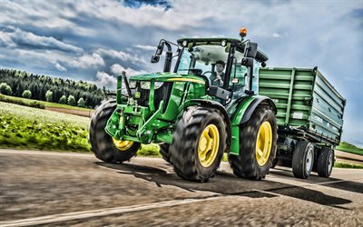 John Deere 5100M, 4k, cosecha, transporte, 2019 tractores, maquinaria agr&#237;cola, HDR, tractor en la carretera, agricultura, John Deere