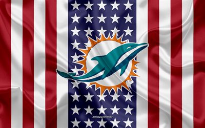 Delfines de Miami, 4k, logotipo, emblema, de seda, de textura, de la bandera Americana, American club de f&#250;tbol de la NFL, Miami, Florida, estados UNIDOS, la Liga Nacional de F&#250;tbol americano, f&#250;tbol americano, bandera de seda