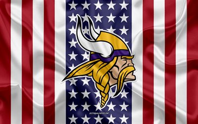 Vikingos de Minnesota, 4k, logotipo, emblema, de seda, de textura, de la bandera Americana, American club de f&#250;tbol de la NFL, Minneapolis, Minnesota, estados UNIDOS, la Liga Nacional de F&#250;tbol americano, f&#250;tbol americano, bandera de seda