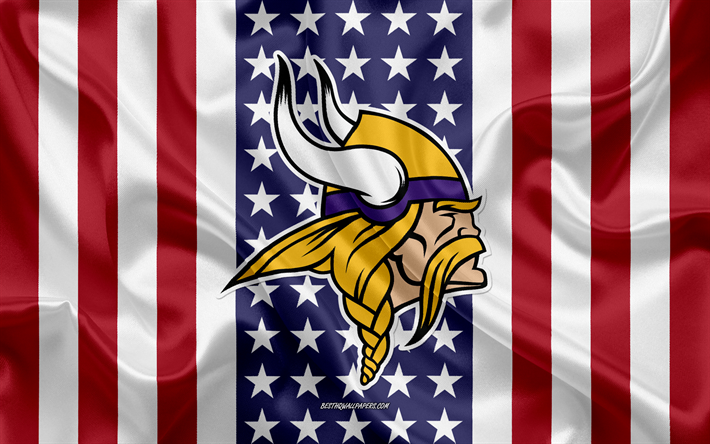 Minnesota Vikings, 4k, logo, stemma, seta, trama, bandiera Americana, club di football Americano, NFL, Minneapolis, Minnesota, stati UNITI, Lega Nazionale di Football americano, football americano, bandiera di seta