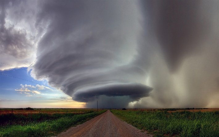 tornado, thunder clouds, evening, sunset, whirlwind, USA, natural hazards