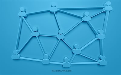 شبكة 3D المفاهيم, خلفية زرقاء, الفن 3d, الأزرق شبكات الخلفية, التقنيات الحديثة, الشبكات الاجتماعية المفاهيم