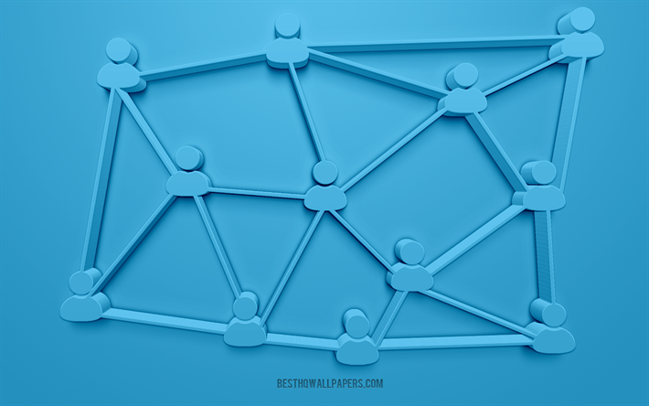 Network 3D concepts, blue background, 3d art, blue networks background, modern technologies, social networks concepts