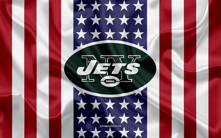 Jets de New York, 4k, le logo, l&#39;embl&#232;me, la texture de la soie, American flag, American club de football, NFL, New York, &#233;tats-unis, la Ligue Nationale de Football, le football am&#233;ricain, le drapeau de soie