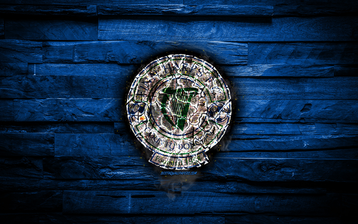 Finn Harps FC, burning logo, Premier Division, blue wooden background, Irish football club, grunge, football, soccer, Finn Harps logo, Ballybofey, Ireland