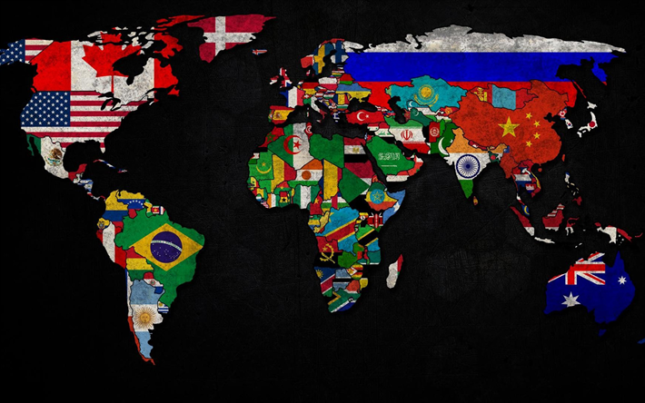 mapa com sinalizadores, grunge, conceito de mapa do mundo, obras de arte, criativo, bandeiras, mapas do mundo, arte, mapa