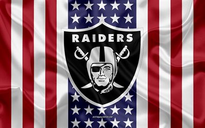 Raiders d&#39;Oakland, 4k, le logo, l&#39;embl&#232;me, la texture de la soie, American flag, American club de football de la NFL, Oakland, Californie, &#233;tats-unis, la Ligue Nationale de Football, le football am&#233;ricain, le drapeau de soie