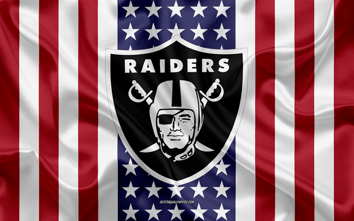Oakland Raiders, 4k, logo, stemma, seta, trama, bandiera Americana, club di football Americano, NFL, Oakland, California, stati UNITI, Lega Nazionale di Football americano, football americano, bandiera di seta