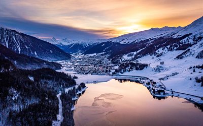 4k, Davos, vinter, Mark Vatten River, stadsbilder, Schweiz, Europa, Davos i vinter