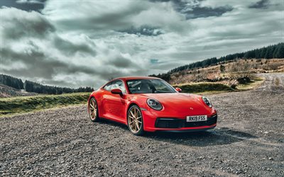 Porsche 911 Carrera S, 4k, offroad, 2019 autovetture, supercar, 992, rosso Porsche 911, auto tedesche, Porsche