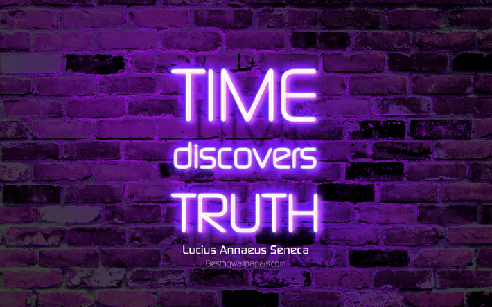 時間を見真理, 4k, 紫色のレンガ壁, テル-ルチウスAnnaeusクォートセネカ, ネオンテキスト, 感, テル-ルチウスAnnaeusセネカ, 引用符真言