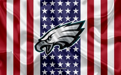 Philadelphia Eagles, 4k, logo, emblem, silk texture, American flag, American football club, NFL, Philadelphia, Pennsylvania, USA, National Football League, american football, silk flag