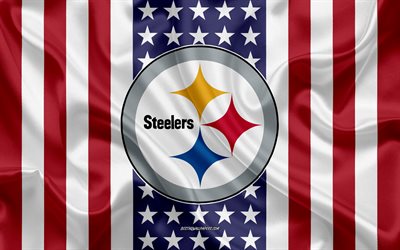 Pittsburgh Steelers, 4k, logo, tunnus, silkki tekstuuri, Amerikan lippu, American football club, NFL, Pittsburgh, Pennsylvania, USA, National Football League, amerikkalainen jalkapallo, silkki lippu