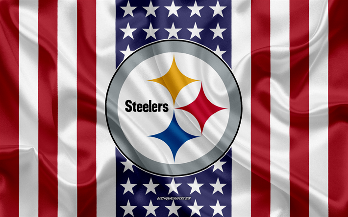 Steelers de Pittsburgh, 4k, le logo, l&#39;embl&#232;me, la texture de la soie, American flag, American club de football de la NFL Pittsburgh, Pennsylvanie, etats-unis, la Ligue Nationale de Football, le football am&#233;ricain, le drapeau de soie