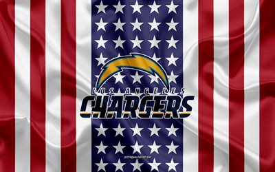 Los Angeles Chargers, 4k, logo, emblem, silk texture, American flag, American football club, NFL, Los Angeles, California, USA, National Football League, american football, silk flag