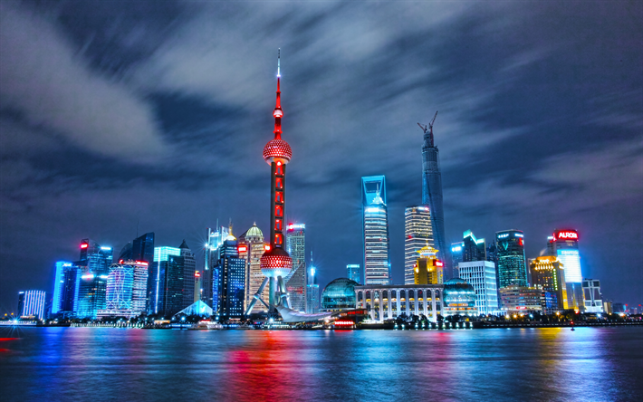 El Bund, 4k, Wai Tan, paisajes urbanos, Shanghai, paisajes nocturnos, China, Asia