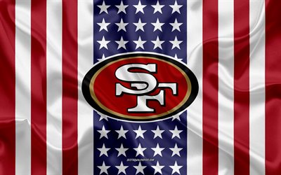 سان فرانسيسكو 49ers, 4k, شعار, نسيج الحرير, العلم الأمريكي, الأمريكي لكرة القدم, اتحاد كرة القدم الأميركي, سان فرانسيسكو, كاليفورنيا, الولايات المتحدة الأمريكية, الرابطة الوطنية لكرة القدم, كرة القدم الأمريكية, الحرير العلم