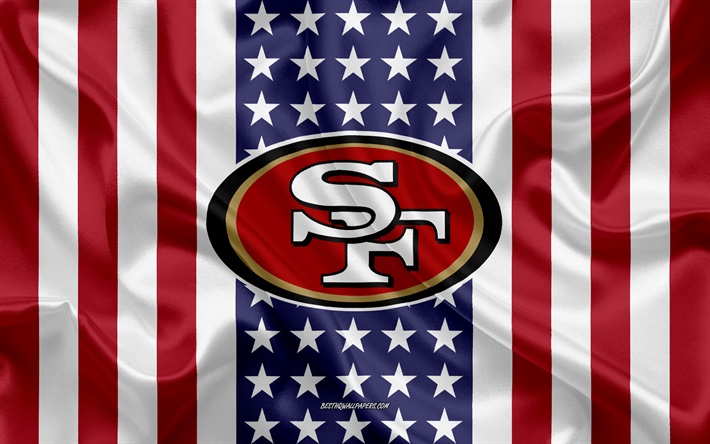 サンフランシスコ49ers, 4k, ロゴ, エンブレム, シルクの質感, アメリカのフラグ, アメリカのサッカークラブ, NFL, サンフランシスコ, カリフォルニア, 米国, 国立サッカーリーグ, アメリカのサッカー, 絹の旗を