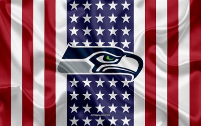Seattle Seahawks, 4k, logo, emblem, silk texture, American flag, American football club, NFL, Seattle, Washington, USA, National Football League, american football, silk flag