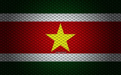 Bandera de Surinam, 4k, arte creativo, malla de metal textura, Surinam bandera, s&#237;mbolo nacional, Surinam, Am&#233;rica del Sur, las banderas de los pa&#237;ses de Am&#233;rica del Sur
