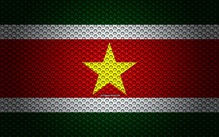 Flag of Suriname, 4k, creative art, metal mesh texture, Suriname flag, national symbol, Suriname, South America, flags of South America countries