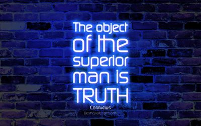 El objeto de la superior, es verdad, 4k, el azul de la pared de ladrillo, Confucio Comillas, texto de ne&#243;n, de inspiraci&#243;n, de Confucio, citas acerca de la verdad