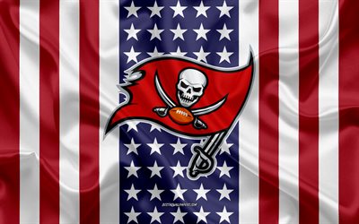 Tampa Bay Buccaneers, 4k, logo, emblem, silk flag, American football club, NFL, Tampa, Florida, USA, National Football League, american football club
