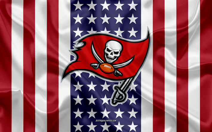 Tampa Bay Buccaneers, 4k, le logo, l&#39;embl&#232;me, le drapeau de soie, club de football Am&#233;ricain, NFL, Tampa, Floride, etats-unis, la Ligue Nationale de Football, club de football am&#233;ricain