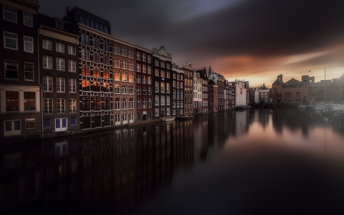 アムステルダム, 夜, 夕日, 美しい住宅, 運河, 湾, オランダ