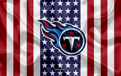 Tennessee Titans, 4k, logo, tunnus, silkki tekstuuri, Amerikan lippu, American football club, NFL, Nashville, Tennessee, USA, National Football League, amerikkalainen jalkapallo, silkki lippu