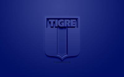 Club Atletico Tigre, creative 3D logo, blue background, 3d emblem, Argentinean football club, Superliga Argentina, Victoria, Argentina, 3d art, Primera Division, football, First Division, stylish 3d logo, CA Tigre