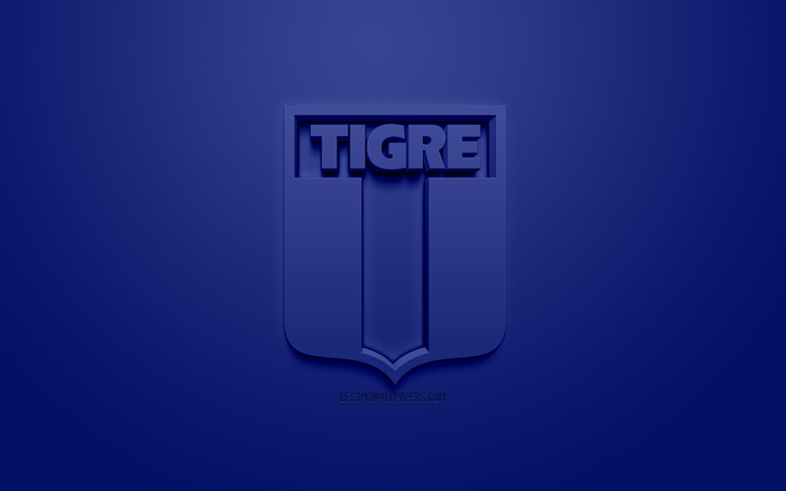 Club Atletico Tigre, luova 3D logo, sininen tausta, 3d-tunnus, Argentiinalainen jalkapalloseura, Superliga Argentiina, Victoria, Argentiina, 3d art, Primera Division, jalkapallo, Ensimm&#228;inen Jako, tyylik&#228;s 3d logo, CA Tigre