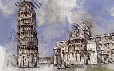 Tower of Pisa, Pisa Cathedral, Italian Landmarks, Pisa, Italy, creative art, grunge art