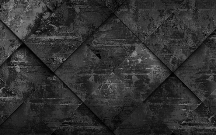 svart rombiska konsistens, 4k, grunge rhombus konsistens, svart bakgrund, geometri, rhombus texturer