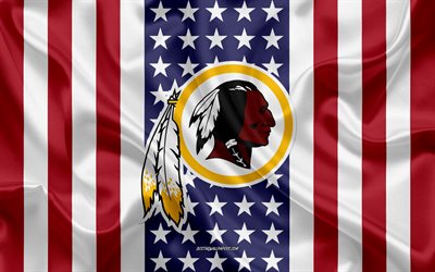 Washington Redskins, 4k, logo, stemma, seta, trama, bandiera Americana, club di football Americano, NFL, Washington, stati UNITI, Lega Nazionale di Football americano, football americano, bandiera di seta
