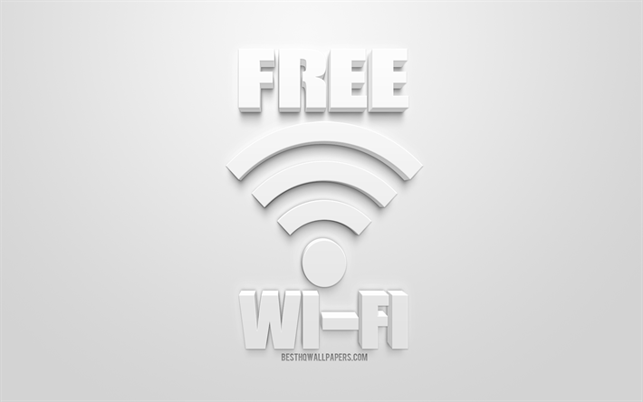 無料Wi-Fiの概念, 白3dアート, 無料Wi-Fi3dアイコン, 白背景, 3d号, 【クリエイティブ-アート
