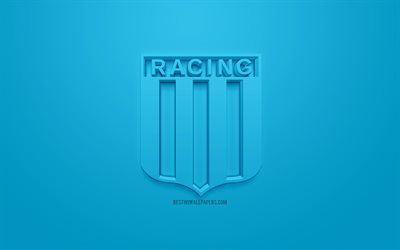 Racing Club, creative 3D logo, blue background, 3d emblem, Argentinean football club, Superliga Argentina, Avellaneda, Argentina, 3d art, Primera Division, football, First Division, stylish 3d logo, Racing Club de Avellaneda