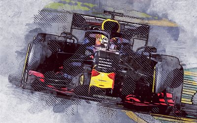 Max Verstappen, Red Bull Racing, Formel 1, 2019, Red Bull RB15, grunge konst, kreativ konst, F1, Red Bull, Holl&#228;ndska racing f&#246;raren