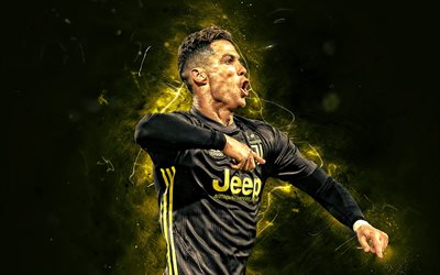 Cristiano Ronaldo, black uniform, CR7 Juve, Bianconeri, goal, portuguese footballers, Juventus FC, Italy, striker, soccer, Serie A, joy, Ronaldo, neon lights, CR7
