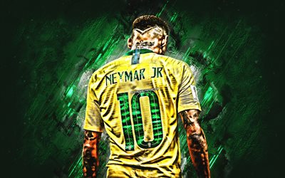 Neymar, Brazil National Team, back view, grunge, Neymar JR, soccer, football stars, green stone, Brazilian football team, Neymar back view