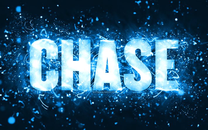 Happy Birthday Chase, 4k, n&#233;ons bleus, nom Chase, cr&#233;atif, Chase Happy Birthday, Chase Birthday, noms masculins am&#233;ricains populaires, image avec le nom chase, Chase