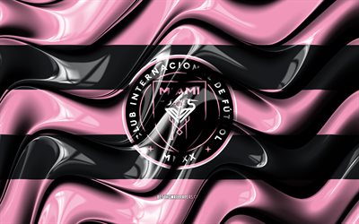Inter Miami flag, 4k, pink and black 3D waves, MLS, american soccer team, football, Inter Miami logo, soccer, Inter Miami FC
