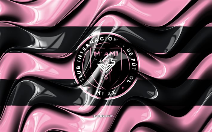 Download wallpapers Inter Miami flag, 4k, pink and black 3D waves, MLS